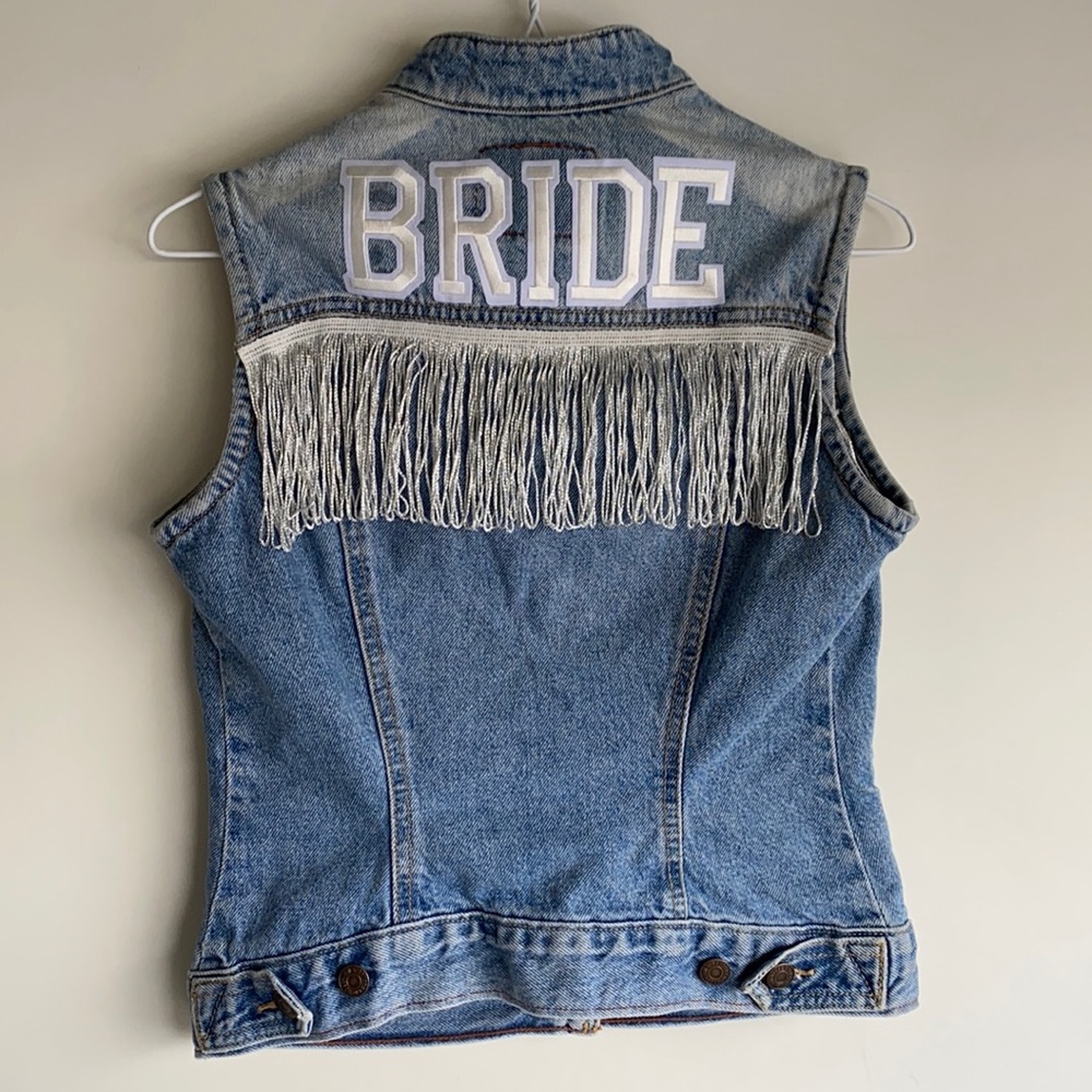 Custom BRIDE vintage Levi denim vest fringe custom bride wedding vest. Bride